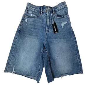 Express Bermuda Super High Rise Shorts Size‎ 00R Distressed Light Jean Denim NWT